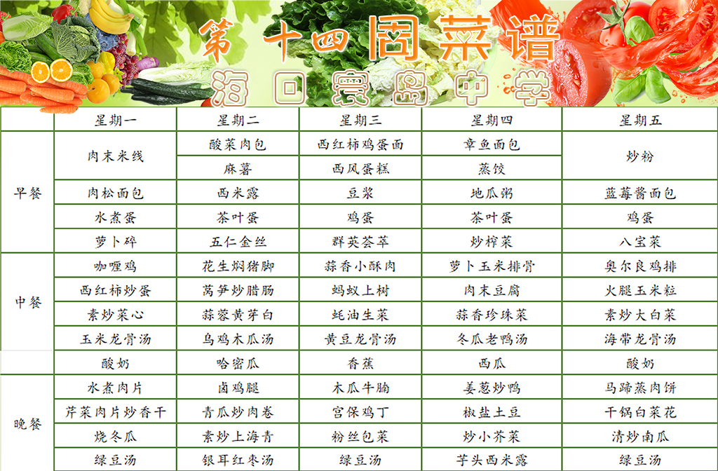 海口寰岛中2025-2026学年第二学期第十四周师生食谱